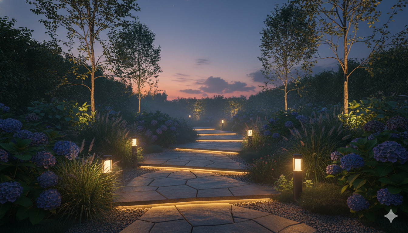 Illuminated garden pathway at dusk
